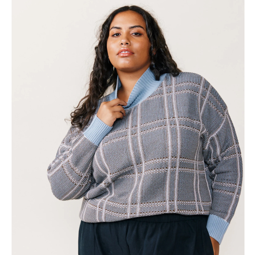 ABLE Women's Jana Patterned Turtleneck Sweater blue brown plaid organic SZ M - Picture 1 of 7